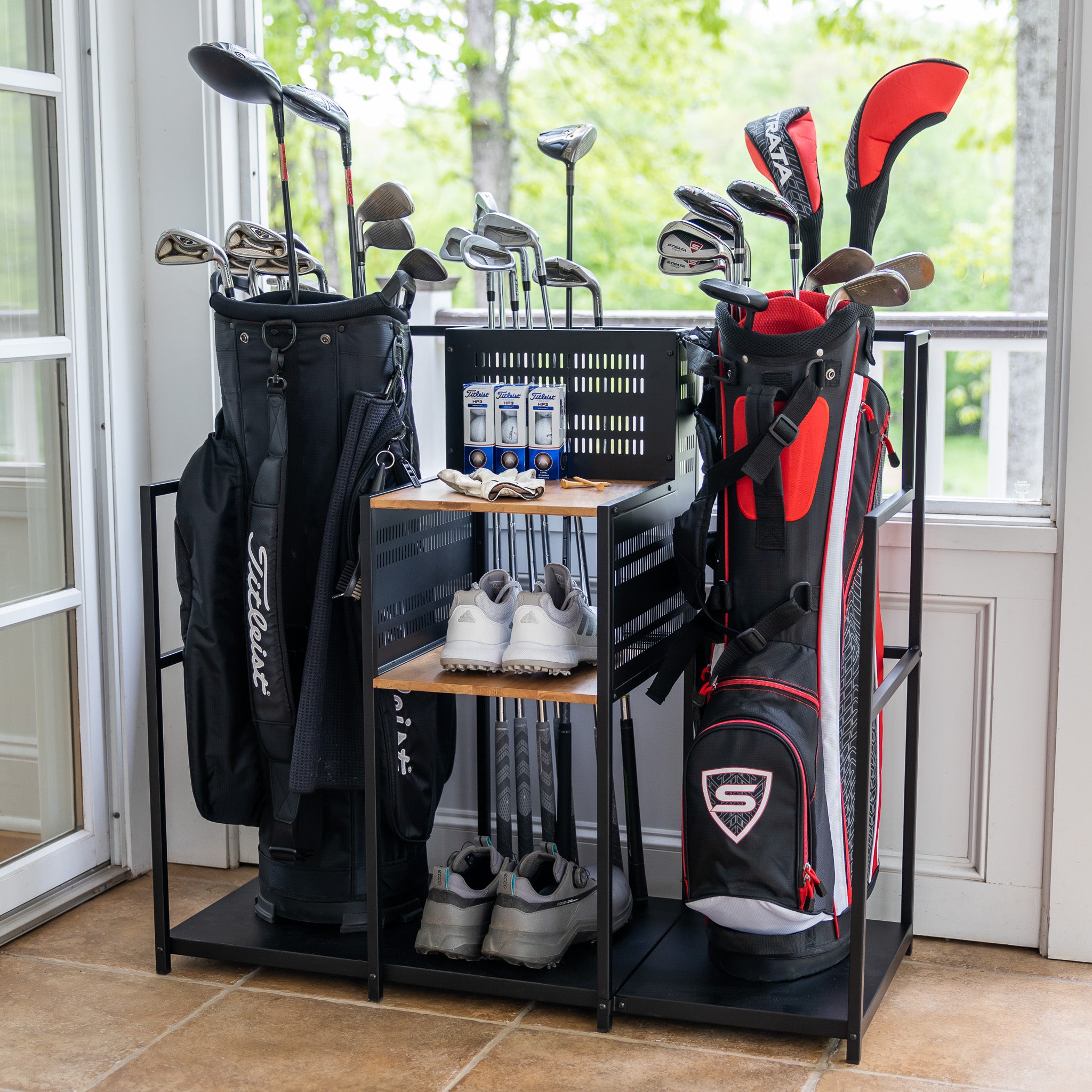 F-Series Golf Organizer Garage - Golf Bag Storage - Stand Holds 2 Bags,  Clubs and Accessories - Freestanding Rack - Garage Organization – Teal  Triangle